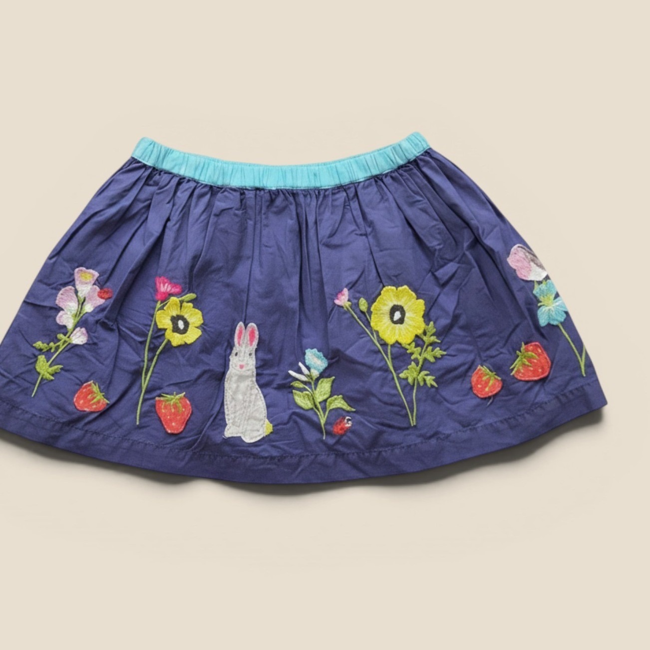 Mini Boden Girls Purple Bunny Strawberry Floral Embroidered Skirt Size 6-7y